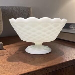 Milk Glass Footed Fruit Bowl Centerpiece, Diamond Quilt Pattern, Vintage Compote